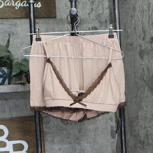 NEW Star Dust Womens 2-Piece Knit Bralette Shorts Pajama Sleep Set Brown Multi L